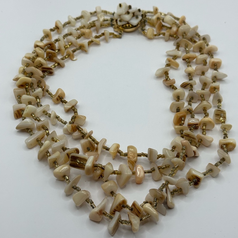 Vintage 4-Strand Shell and Bead Necklace with great Clasp.